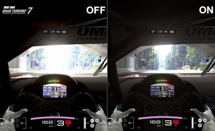 Imágenes pantalla dividida de Gran Turismo 7 que muestran la diferencia con y sin la función Mapeado de tono HDR automático