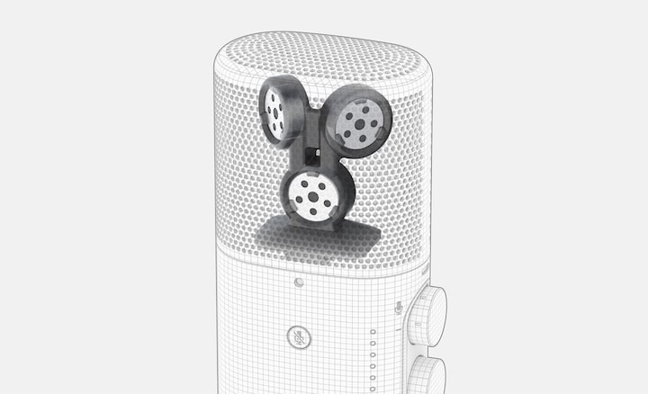 Imagen que muestra las tres cápsulas de micrófono integradas en el micrófono